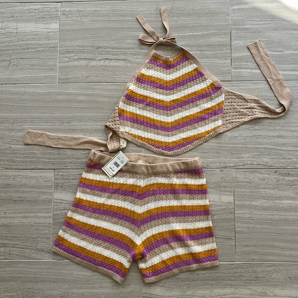 NWT multi-colored crochet knit halter top and shorts set outfit or swim cover!